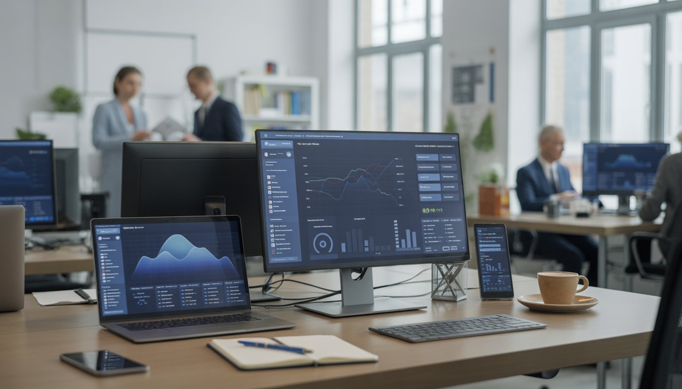 Modern office workspace with monitors displaying Business Central dashboards and professionals collaborating