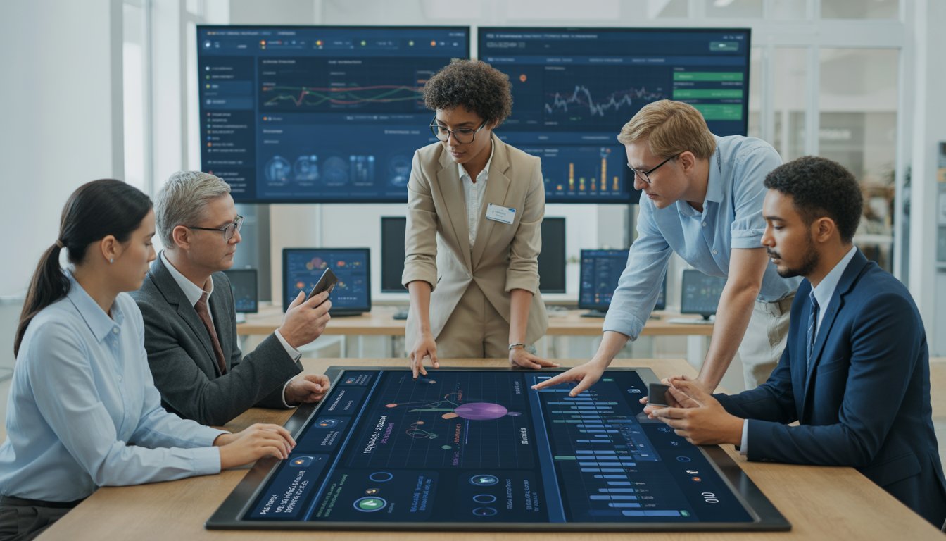 Business professionals collaborating around a touchscreen table displaying Business Central financial charts and data