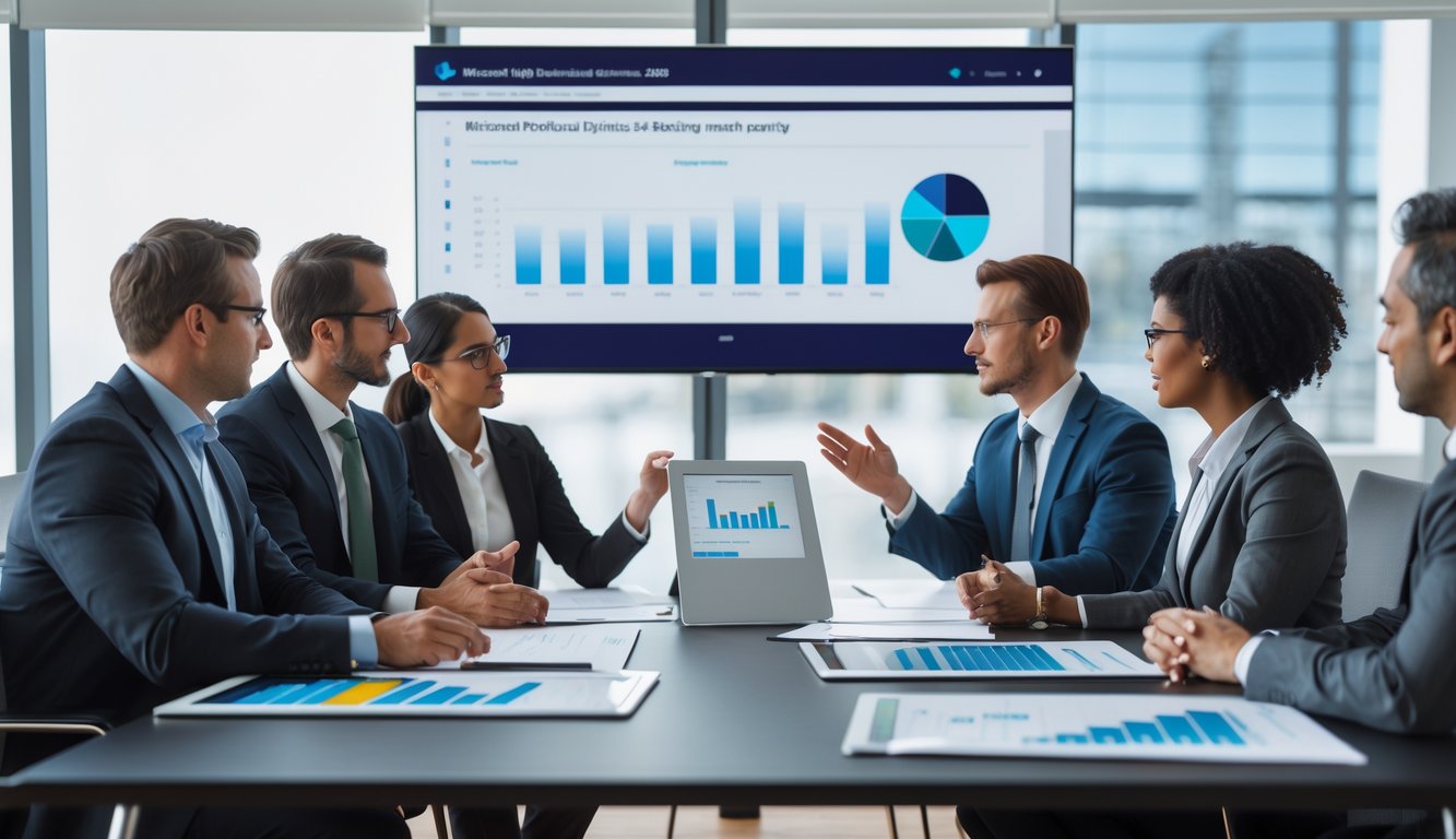 Business professionals reviewing digital charts during a Dynamics 365 partner evaluation meeting